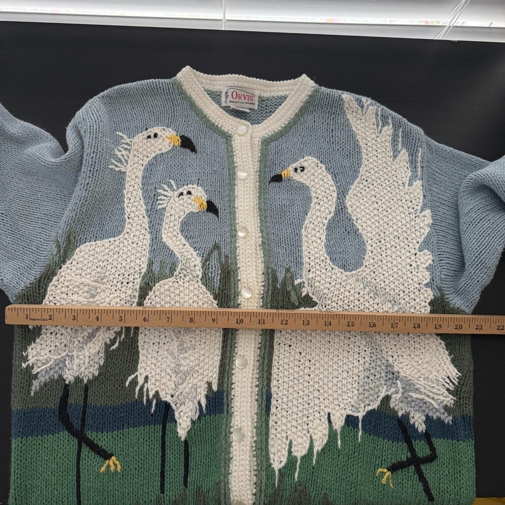 Orvis Cardigan Womens Large Gray Egrets Print Knit Snap Long Sleeve Cozy Sweater - Picture 12 of 14
